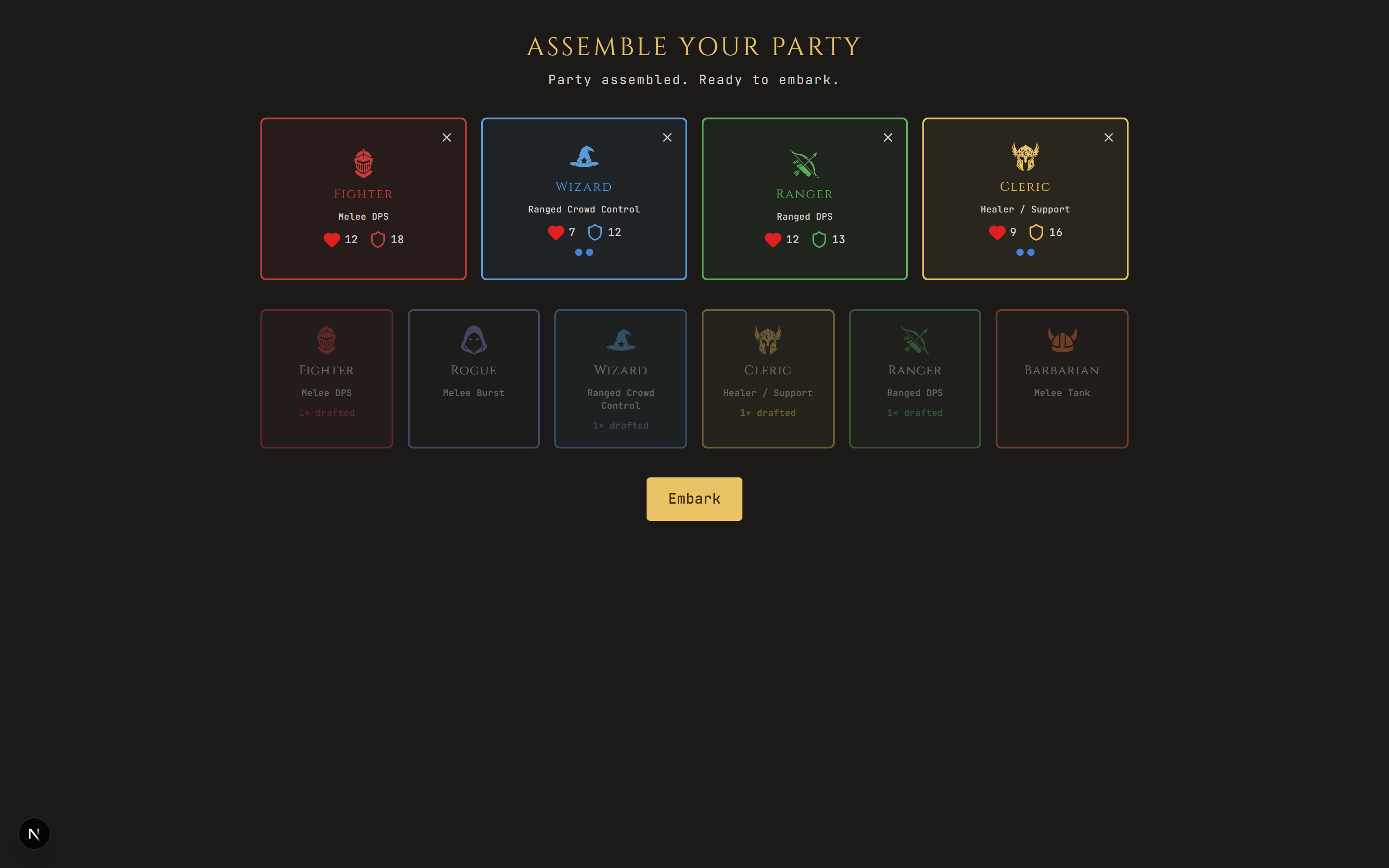 Party select — class cards, draft mode