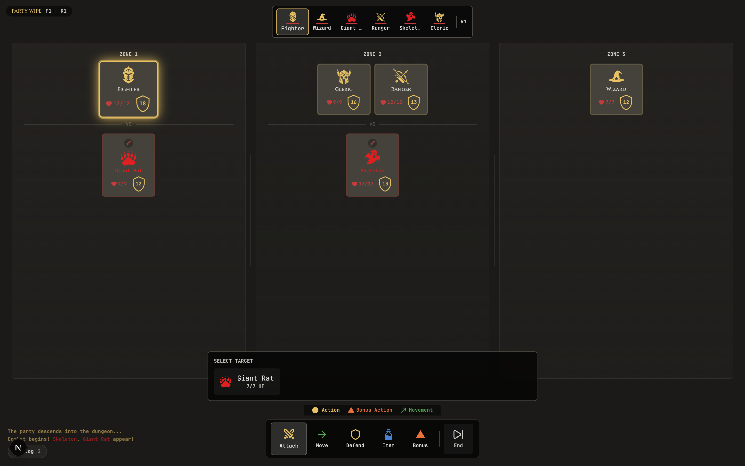 Combat scene — zones, intent broadcast, status visuals